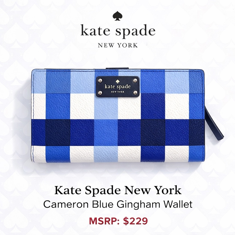 Kate Spade Cameron Blue Gingham Wallet Zip Around Leather EUC